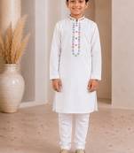 White cotton stitched  mirror work boys kurta pyjama
