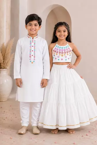 White cotton stitched  mirror work boys kurta pyjama