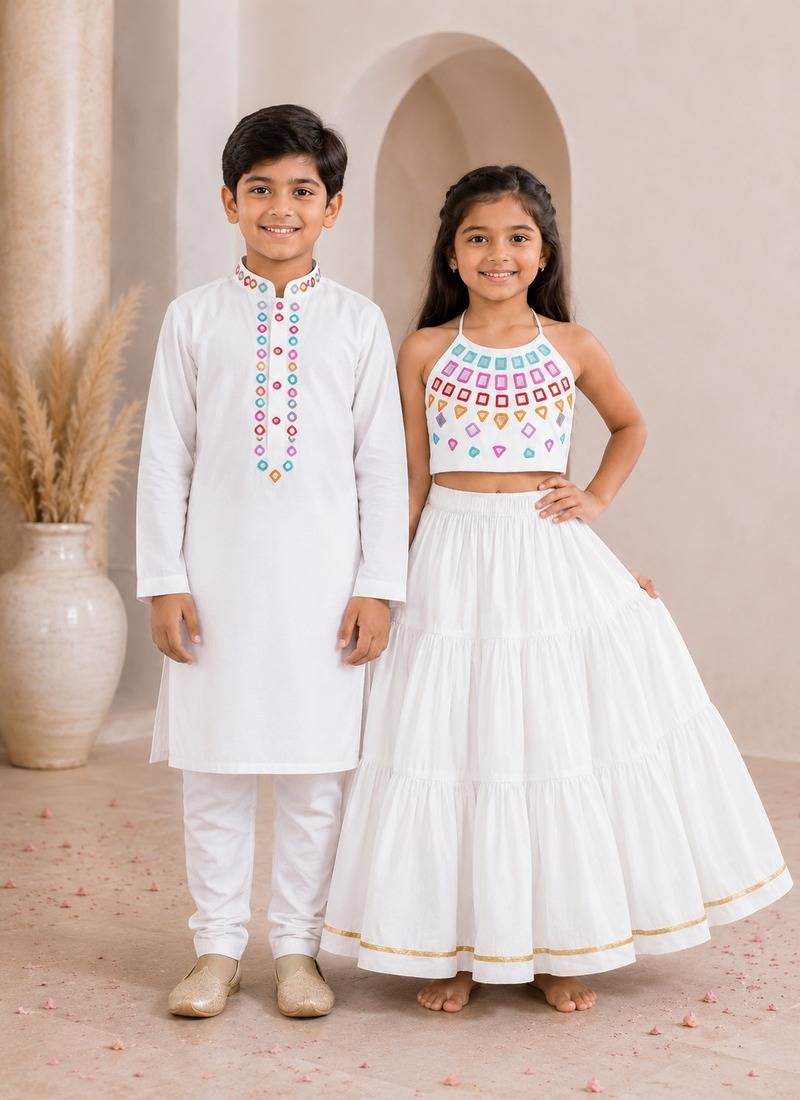 White cotton stitched  mirror work boys kurta pyjama