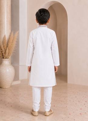 White cotton stitched  mirror work boys kurta pyjama 3