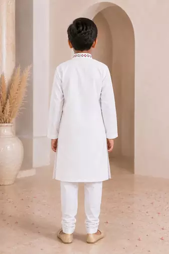 White cotton stitched  mirror work boys kurta pyjama