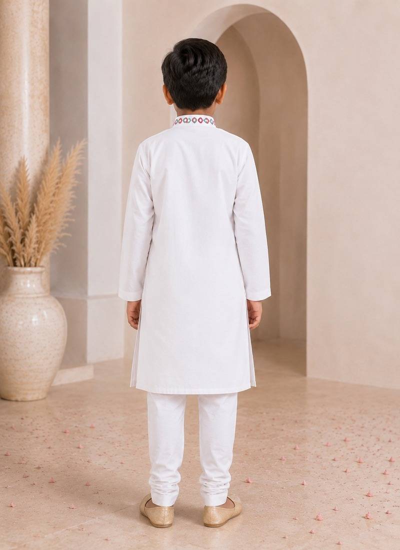 White cotton stitched  mirror work boys kurta pyjama