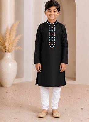Black cotton stitched  mirror work boys kurta pyjama 1