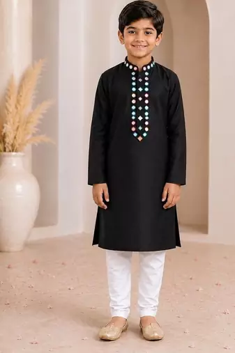 Black cotton stitched  mirror work boys kurta pyjama