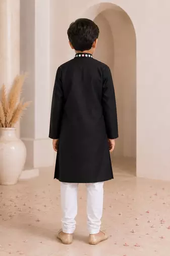 Black cotton stitched  mirror work boys kurta pyjama