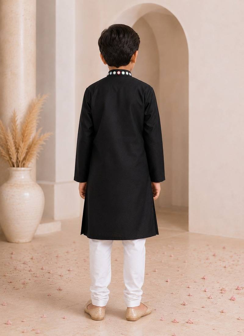 Black cotton stitched  mirror work boys kurta pyjama