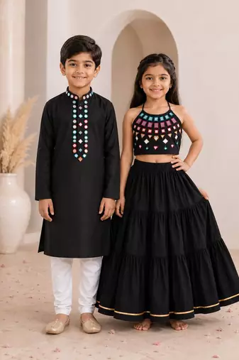 Black cotton stitched  mirror work boys kurta pyjama