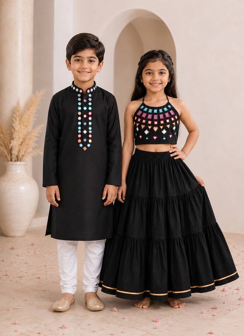 Black cotton stitched  mirror work boys kurta pyjama