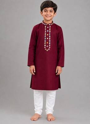 Maroon cotton stitched  patch work boys kurta pyjama 1