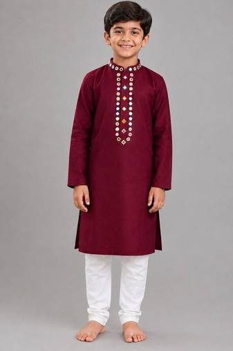Maroon cotton stitched  patch work boys kurta pyjama