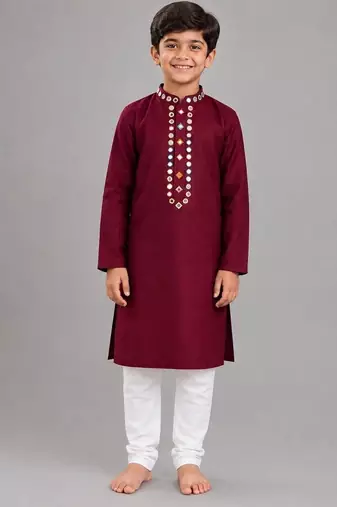 Maroon cotton stitched  patch work boys kurta pyjama