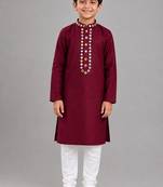 Maroon cotton stitched  patch work boys kurta pyjama