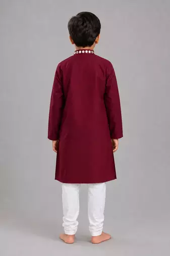 Maroon cotton stitched  patch work boys kurta pyjama