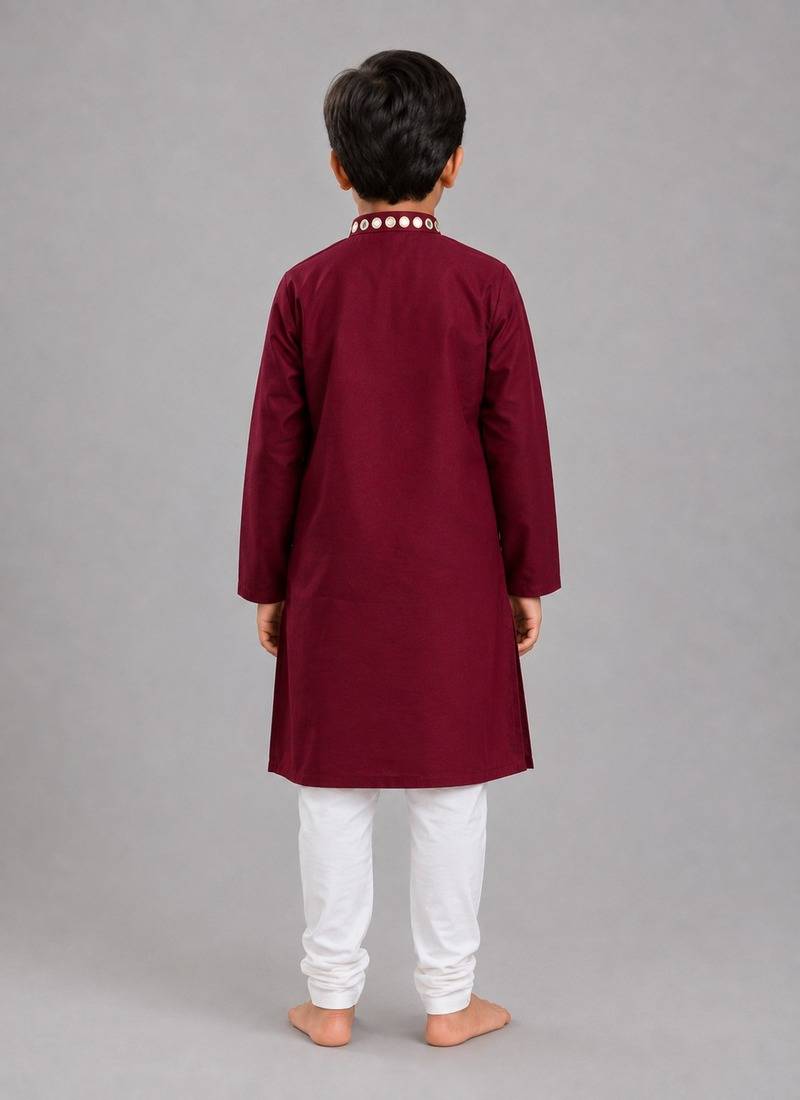 Maroon cotton stitched  patch work boys kurta pyjama