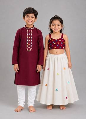 Maroon cotton stitched  patch work boys kurta pyjama 3
