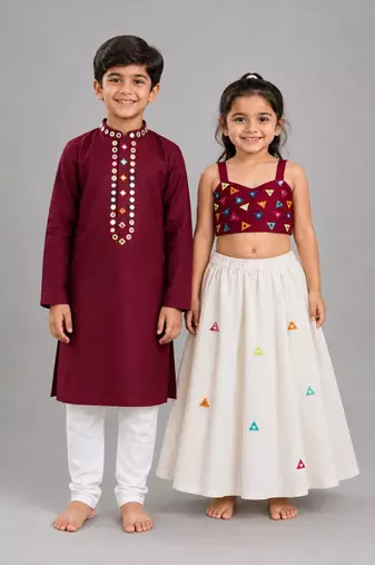 Maroon cotton stitched  patch work boys kurta pyjama