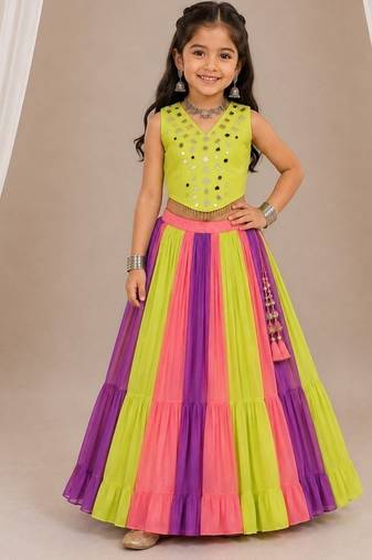 Multicolor cotton embroidered  mirror work kids lehenga choli