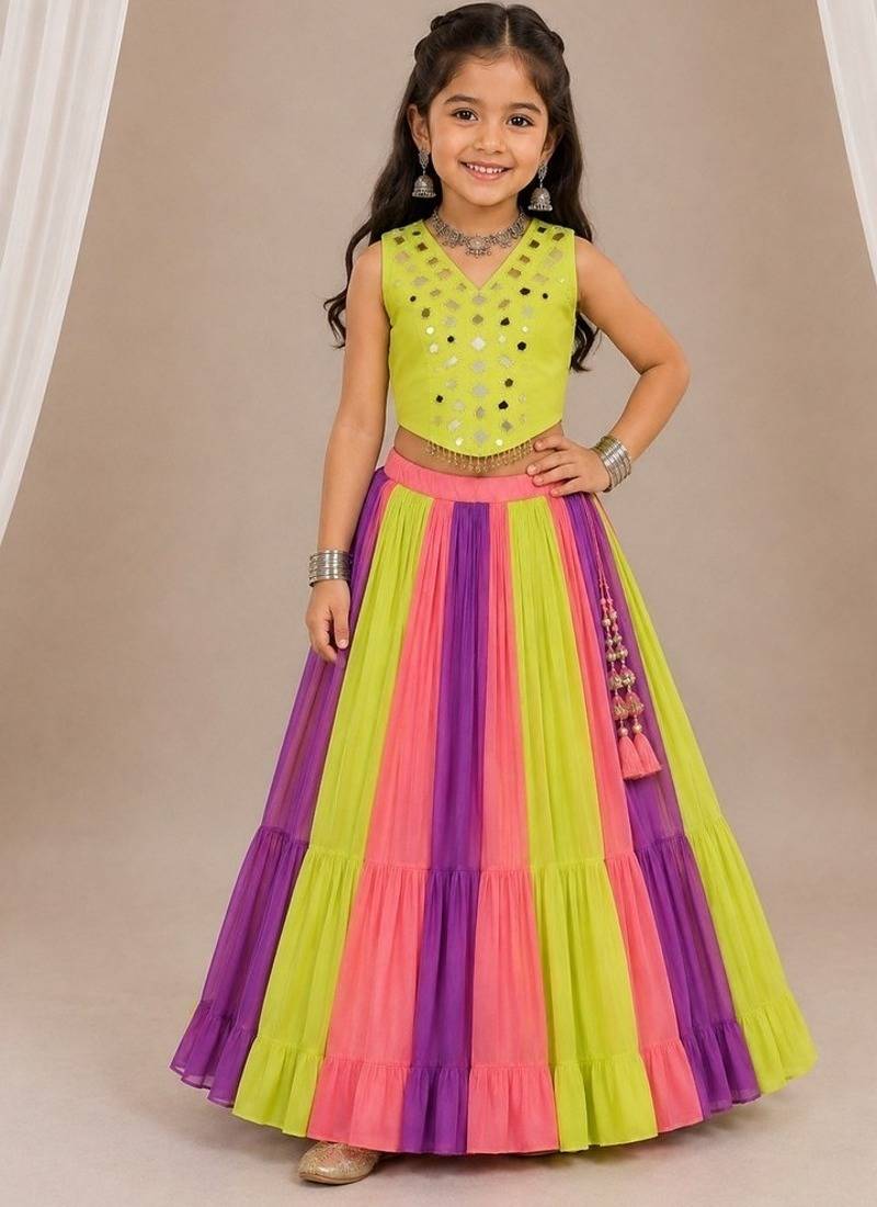 Multicolor cotton embroidered  mirror work kids lehenga choli