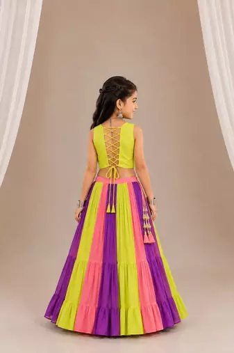 Multicolor cotton embroidered  mirror work kids lehenga choli