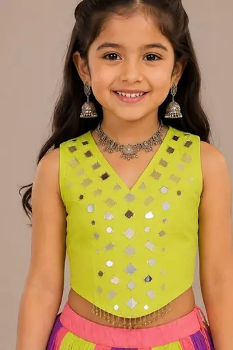Multicolor cotton embroidered  mirror work kids lehenga choli