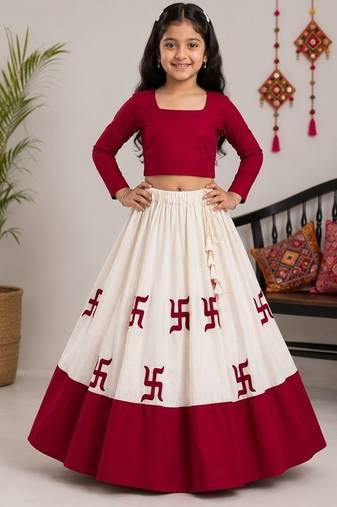 Off white cotton embroidered  zari work kids lehenga choli