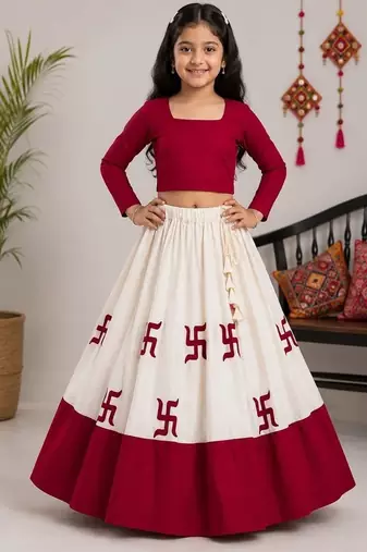 Off white cotton embroidered  zari work kids lehenga choli
