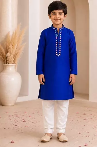 Royal blue cotton stitched  mirror work boys kurta pyjama