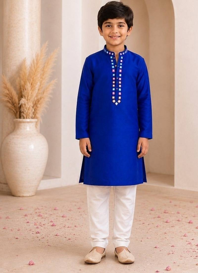 Royal blue cotton stitched  mirror work boys kurta pyjama
