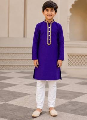 Purple cotton stitched  mirror work boys kurta pyjama 1