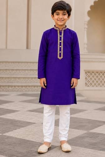 Purple cotton stitched  mirror work boys kurta pyjama