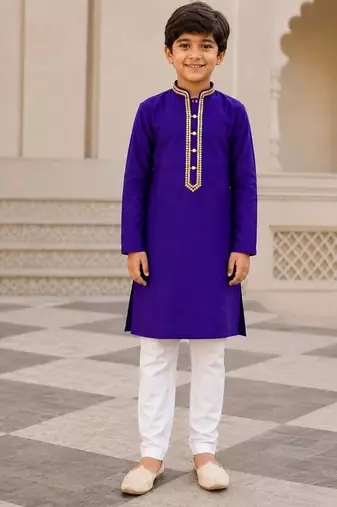 Purple cotton stitched  mirror work boys kurta pyjama
