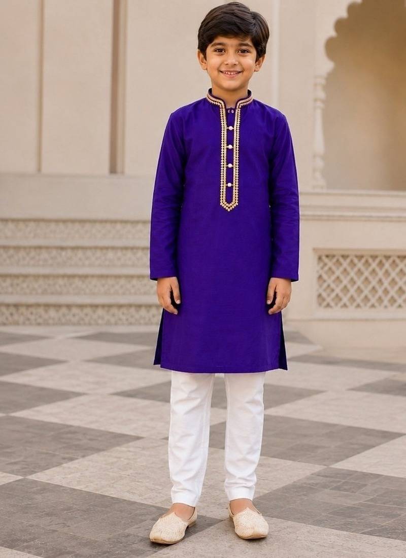 Purple cotton stitched  mirror work boys kurta pyjama