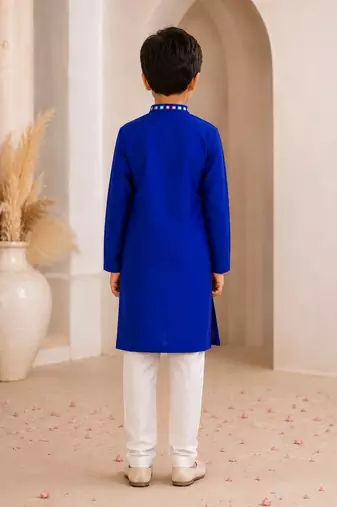 Royal blue cotton stitched  mirror work boys kurta pyjama