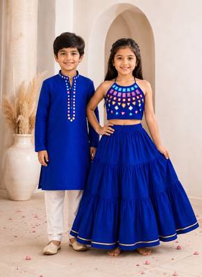 Royal blue cotton stitched  mirror work boys kurta pyjama 3