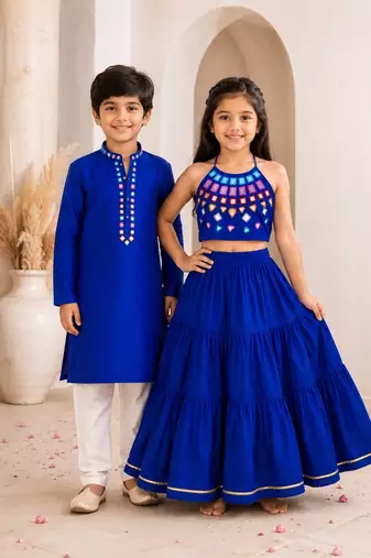 Royal blue cotton stitched  mirror work boys kurta pyjama