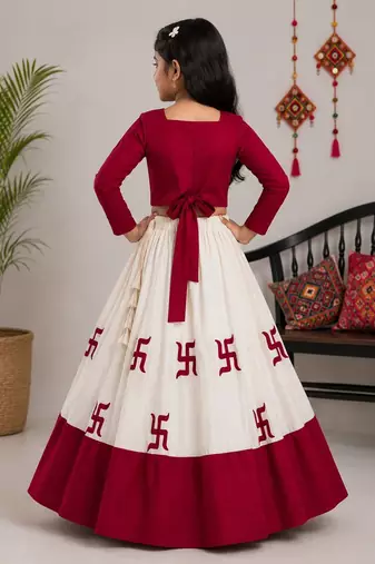 Off white cotton embroidered  zari work kids lehenga choli
