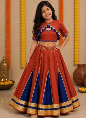 Red silk blend embroidered  zari work kids lehenga choli 1