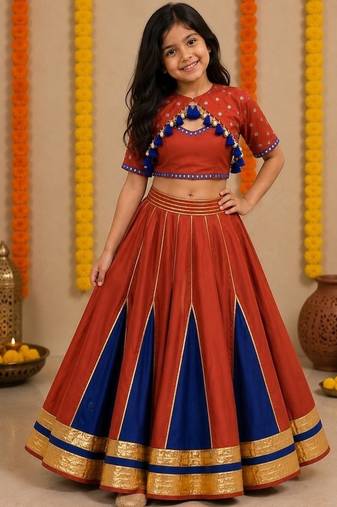 Red silk blend embroidered  zari work kids lehenga choli