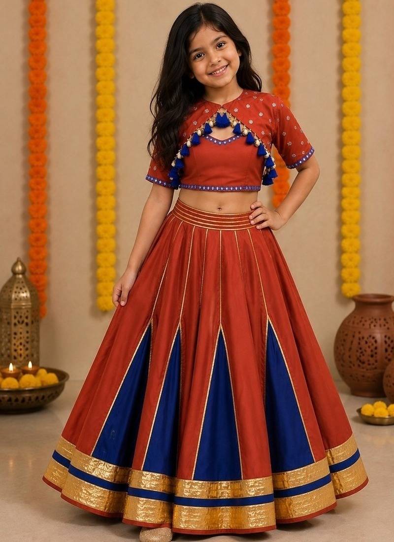 Red silk blend embroidered  zari work kids lehenga choli