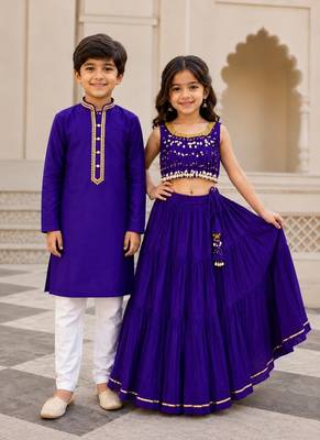 Purple cotton stitched  mirror work boys kurta pyjama 3