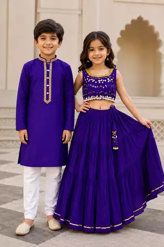 Purple cotton stitched  mirror work boys kurta pyjama