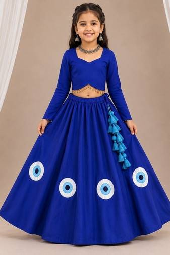 Royal blue cotton embroidered  patch work kids lehenga choli