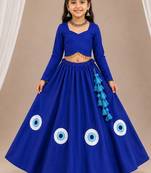 Royal blue cotton embroidered  patch work kids lehenga choli