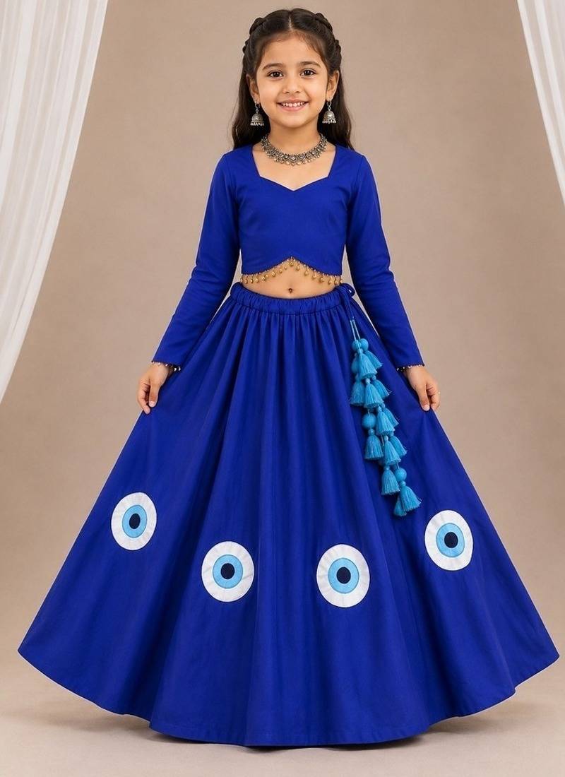 Royal blue cotton embroidered  patch work kids lehenga choli