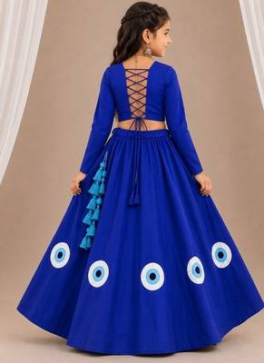 Royal blue cotton embroidered  patch work kids lehenga choli 5