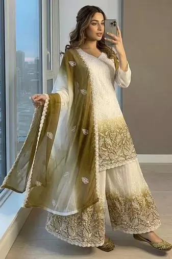 Dark Olive Color Embroidery Work Georgette Salwar Suit