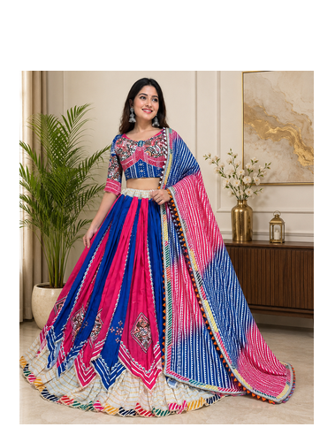 Multi Double Layer Chaniya & Mirror Work Cotton Navratri Lahenga Choli Set 1