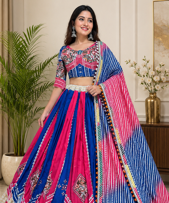 Multi Double Layer Chaniya & Mirror Work Cotton Navratri Lahenga Choli Set