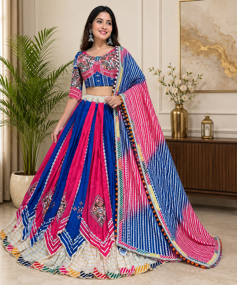 Multi Double Layer Chaniya & Mirror Work Cotton Navratri Lahenga Choli Set