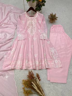 pink color sequance and embroidery work silk blend salwar suit 2